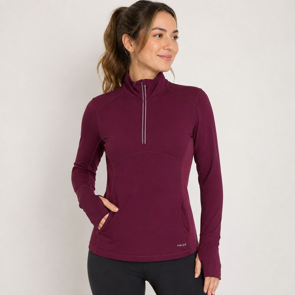 Hind Women's S Burgundy Quarter Zip Running Pullover Thumbholes Mesh Athletic